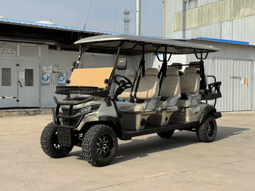 8-seater electric golf cart parked outdoors showcasing spacious seating and rugged design.